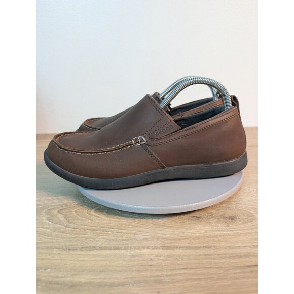 Crocs Men’s Denton Brown Leather Slip On Loafers Size 9 Classic - Picture 6 of 10
